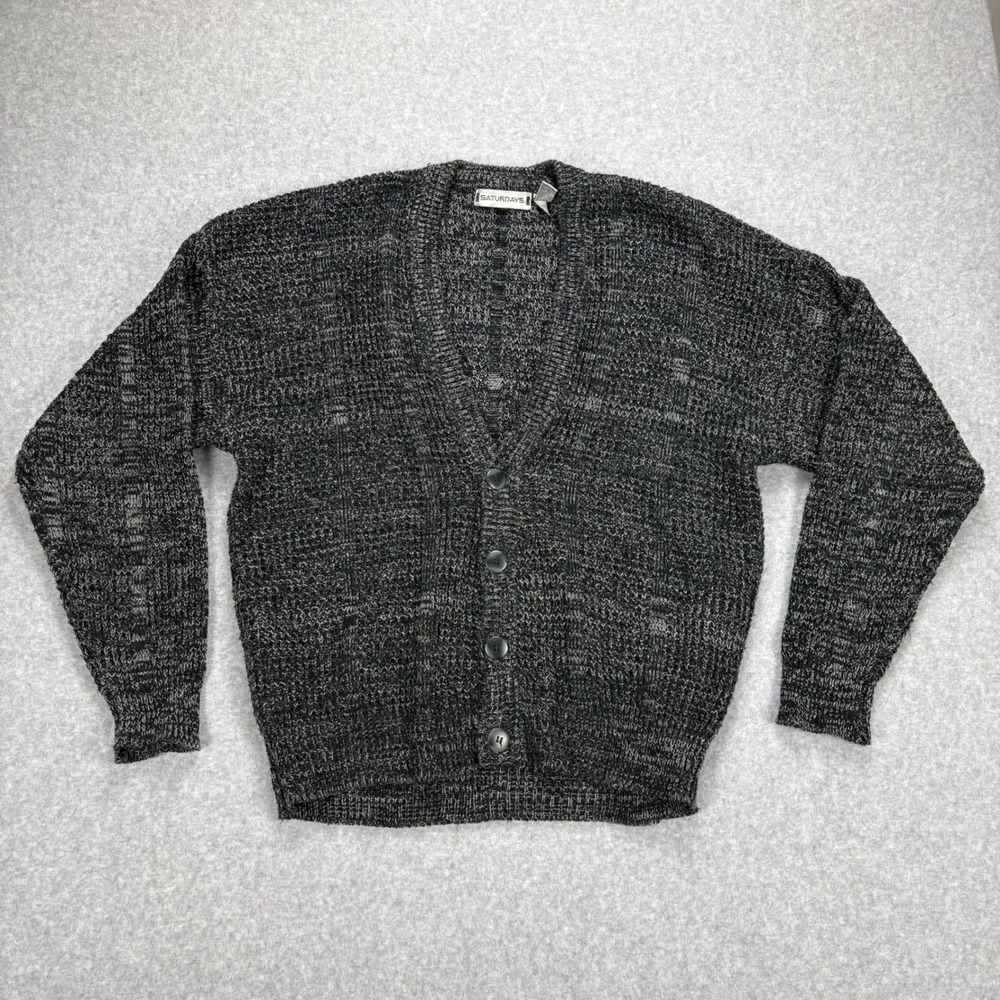 Vintage Saturdays Cardigan Mens M Black Gray Sweater 80s Knit Grunge Grandpa
